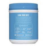 Blue and white container with text and branding on a white background